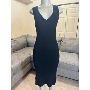 Black Ribbed Sweater Dress Stretch Midi Sleeveless VNeck MAGASCHONI Size L NWT
